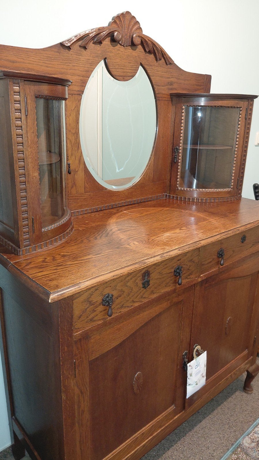 Antiek Eiken Dressoir met Spiegel en Vitrinekasten, Ophalen