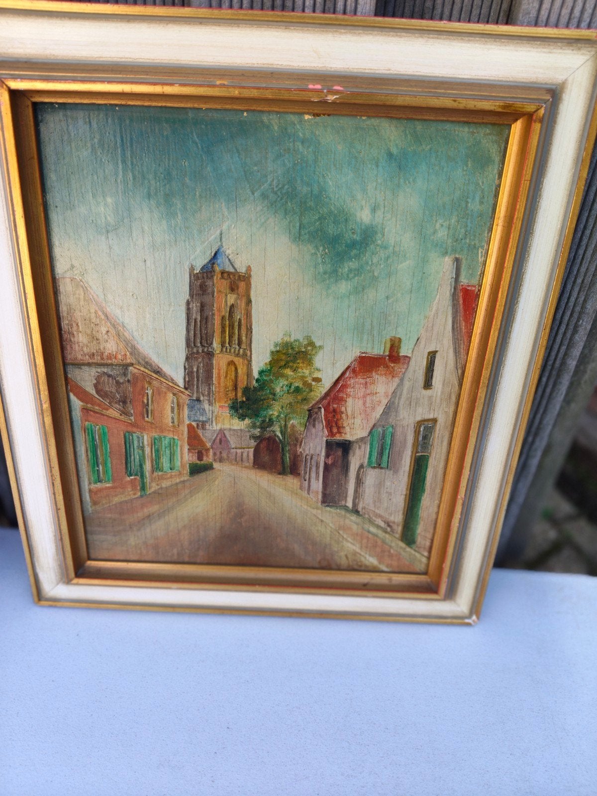 Oud Hollands Stadsgezicht Schilderij - Olieverf op Paneel, Antiek en Kunst, Paneel, Oud hollands, Ophalen of Verzenden, Olieverf