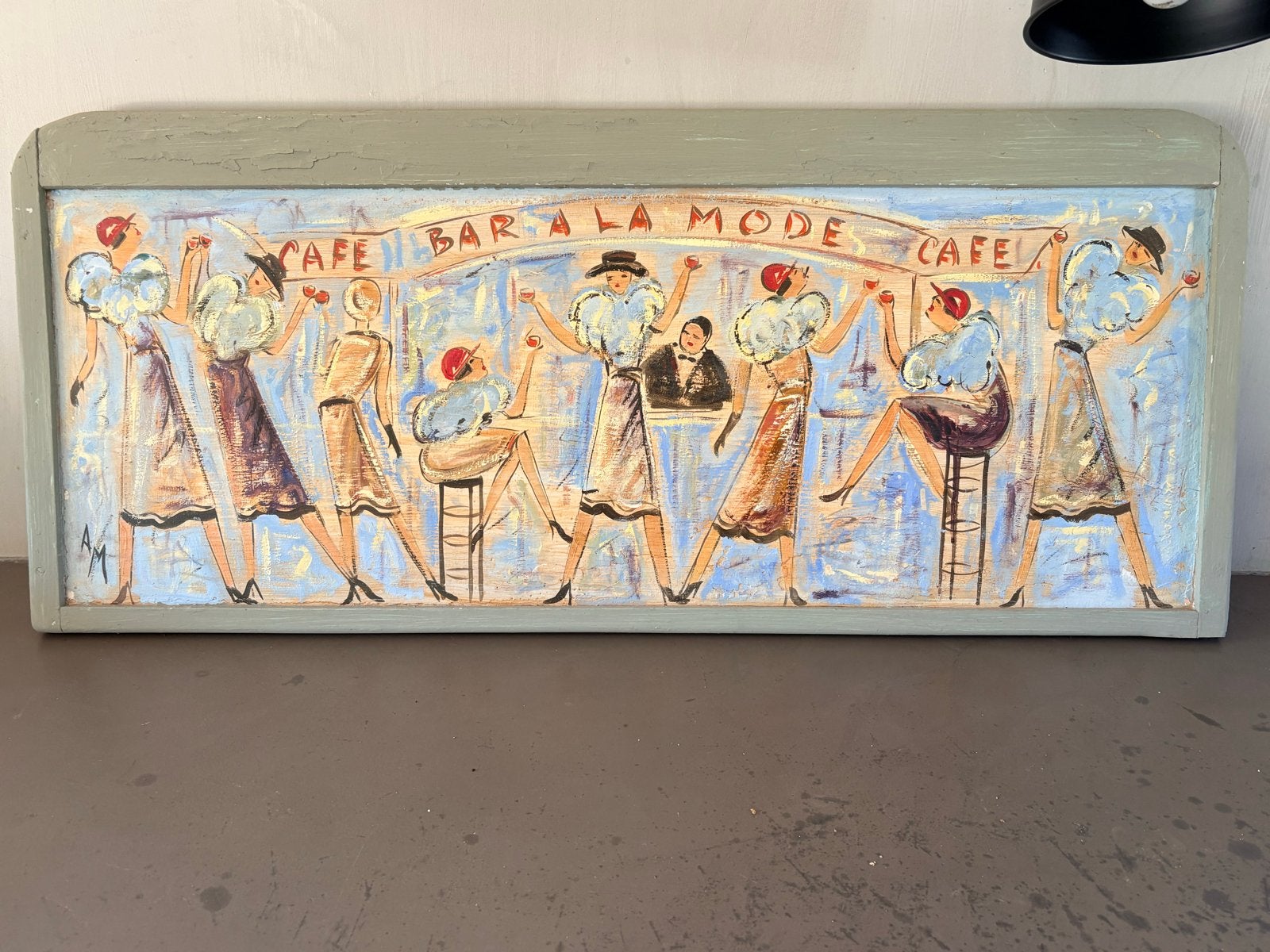 Handgeschilderd houten paneel 'Cafe Bar a la Mode', Ophalen, Hout, Handgeschilderd, Figuren