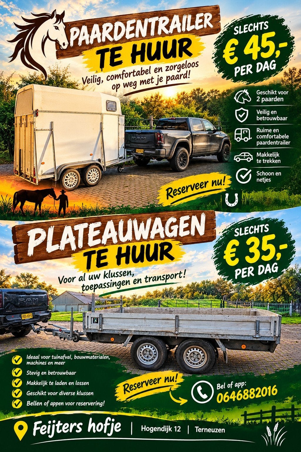 te huur, paardentrailer/ plateauwagen, Ophalen, Zo goed als nieuw
