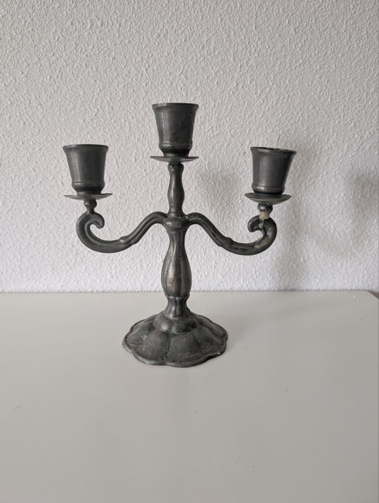 Prachtige 3-arms Tinnen Kandelaar, Antiek en Kunst, Antiek | Kandelaars, Ophalen of Verzenden