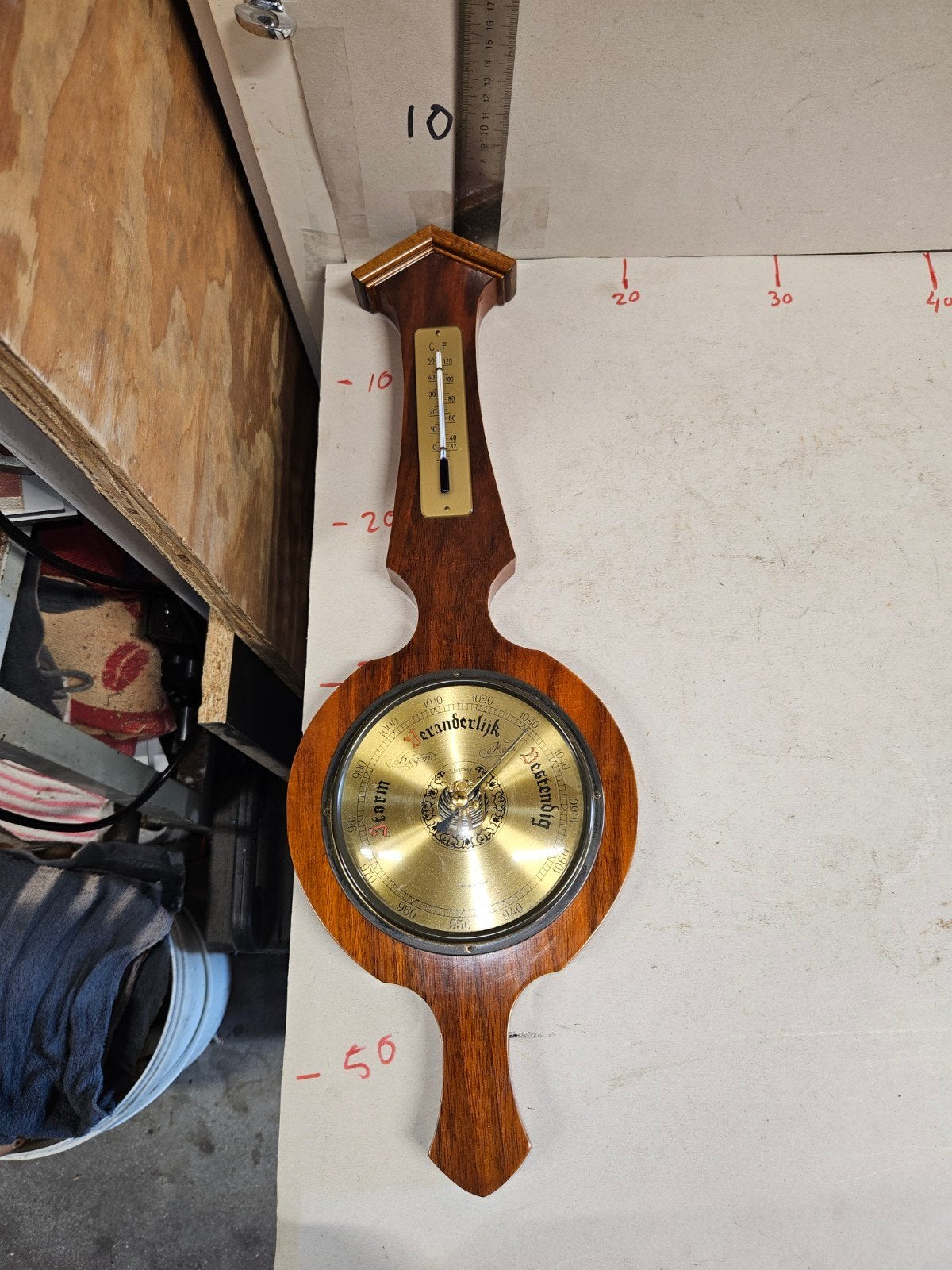 Vintage Barometer en Thermometer - Hout, Audio, Tv en Foto, Weerstations en Barometers, Ophalen of Verzenden, Gebruikt, Barometer