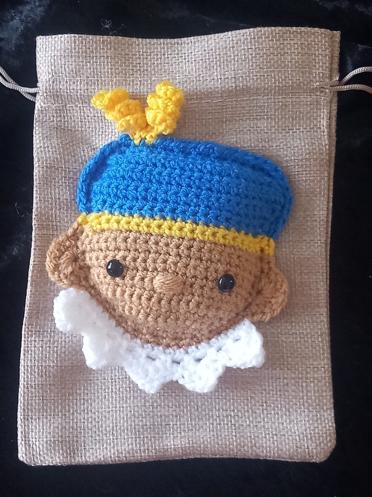 Gehaakte piet applicatie op jute look zakje, Ophalen of Verzenden, Nieuw