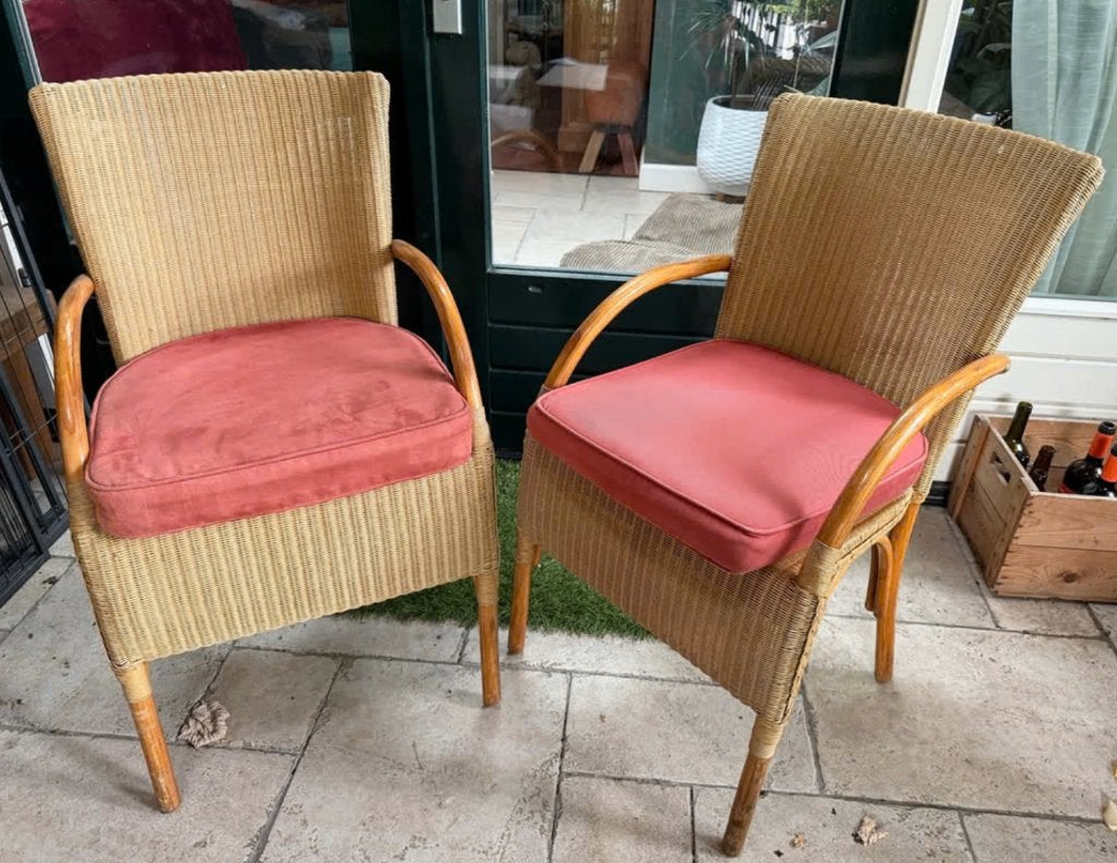 Set van 2 rotan stoelen met kussen, Huis en Inrichting, Stoelen, Ophalen, Gebruikt, Twee, Bruin