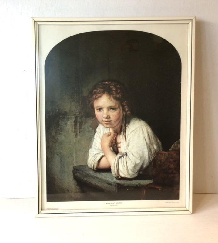 Prent, meisje in venster, Rembrandt, Ophalen of Verzenden