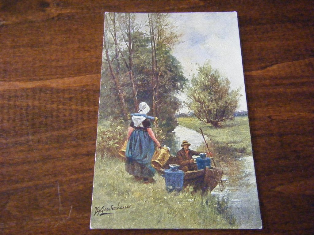 K40 - Klederdracht - Meisje - Roeiboot - Melkbus - Mooi/OUd, Ophalen of Verzenden, 1920 tot 1940, Klederdracht