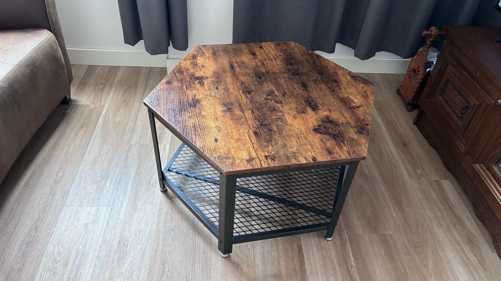 Zeshoekige Salontafel met Industriële Stijl, Ophalen, 50 tot 100 cm, Zo goed als nieuw, Overige vormen