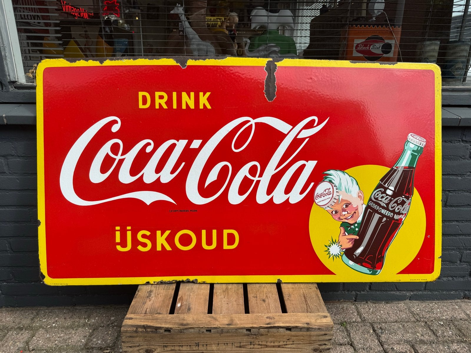 Vintage Coca-Cola Emaille Reclamebord - Drink IJskoud, Antiek en Kunst, Ophalen