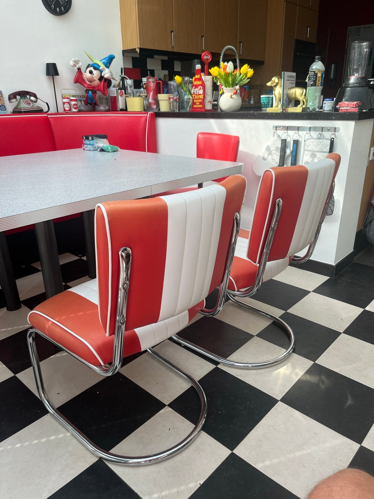 Set van 2 Bel Air Diner Stoelen - Rood/Wit Retro Stijl, Gebruikt, Twee, Ophalen of Verzenden, Metaal