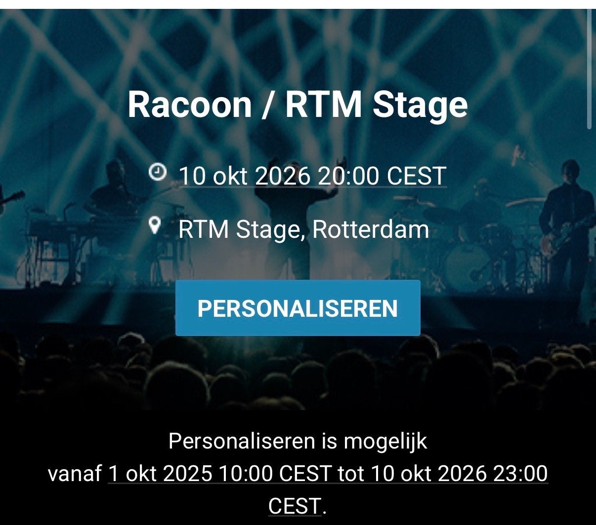 2x staanplaatsen Racoon in ahoy, Twee personen, Oktober