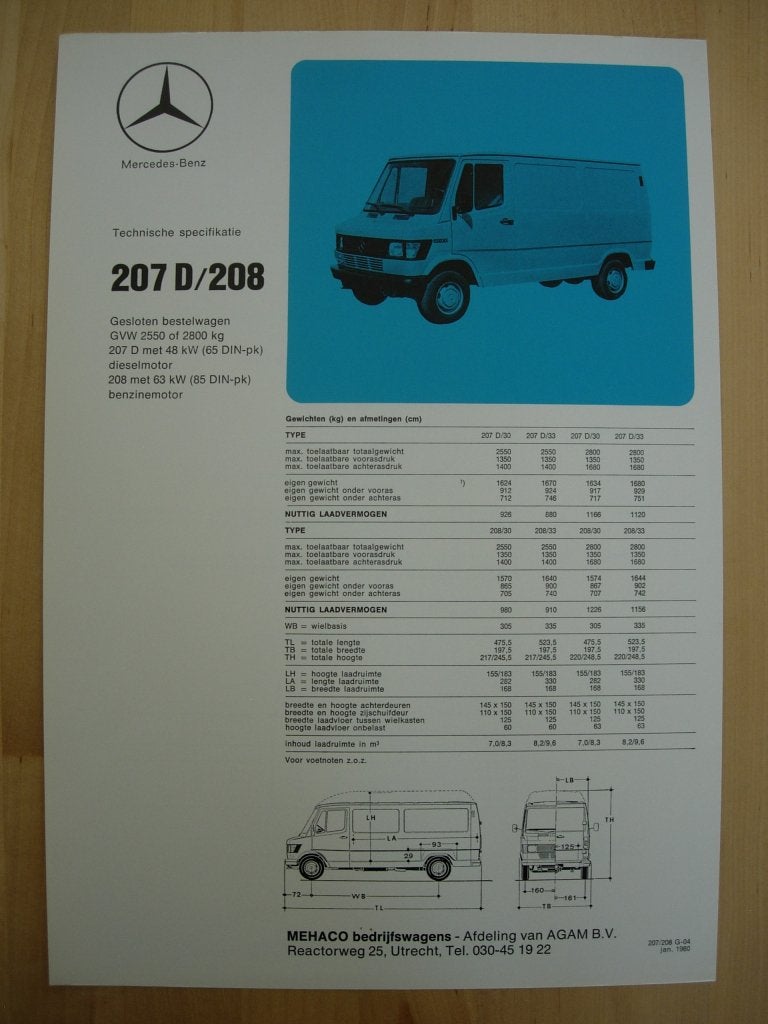 Mercedes 207 208 Technische Specificatie Brochure 1980 207D, Zo goed als nieuw, Mercedes-Benz, Mercedes, Ophalen of Verzenden