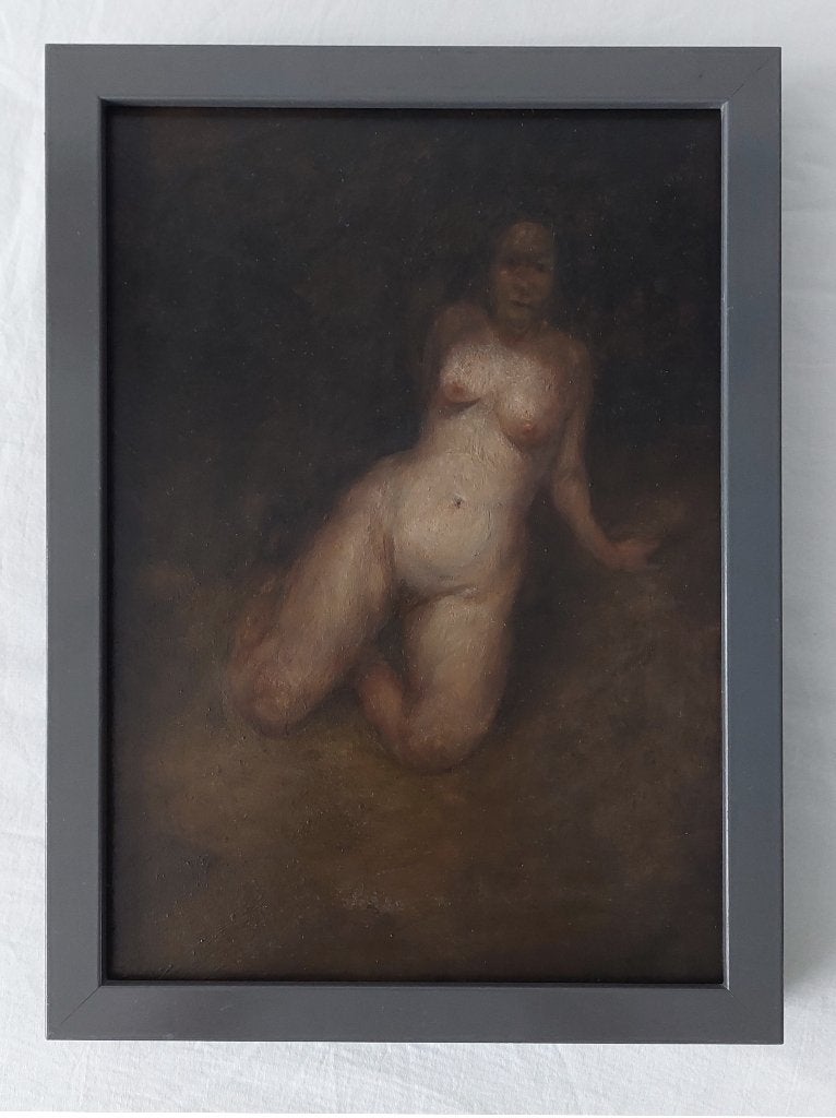 Schilderij van Naakte Vrouw Zittend - Olieverf, Paneel, Portret of Personen, Ophalen of Verzenden, Gesigneerd
