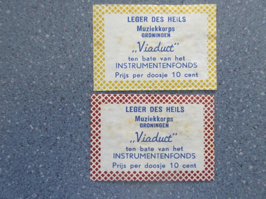 2 x Groningen, Leger des Heils muziekkorps Viaduct, Verzamelen, Verzenden, Gebruikt, Sigarenbandjes