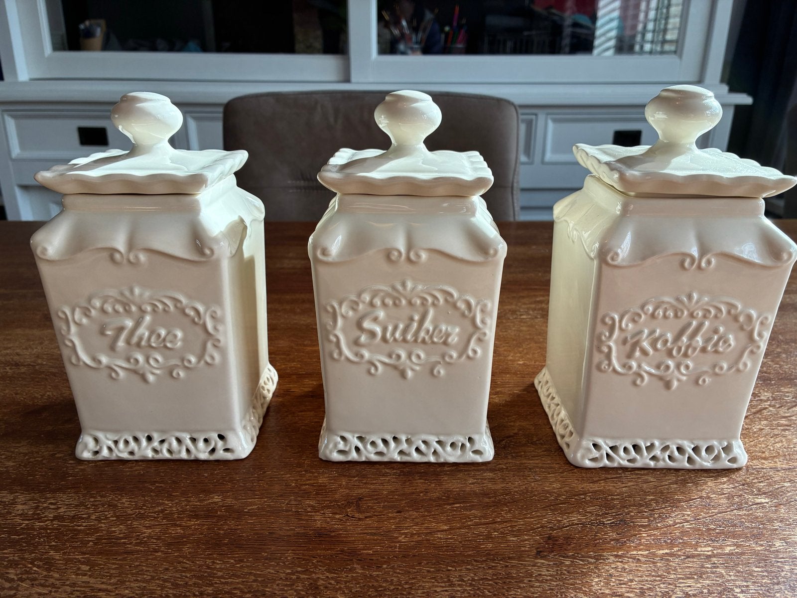 Set van 3 Voorraadpotten: Thee, Suiker, Koffie - Crème, Huis en Inrichting, Voorraadpot, Ophalen, Zo goed als nieuw, Beige