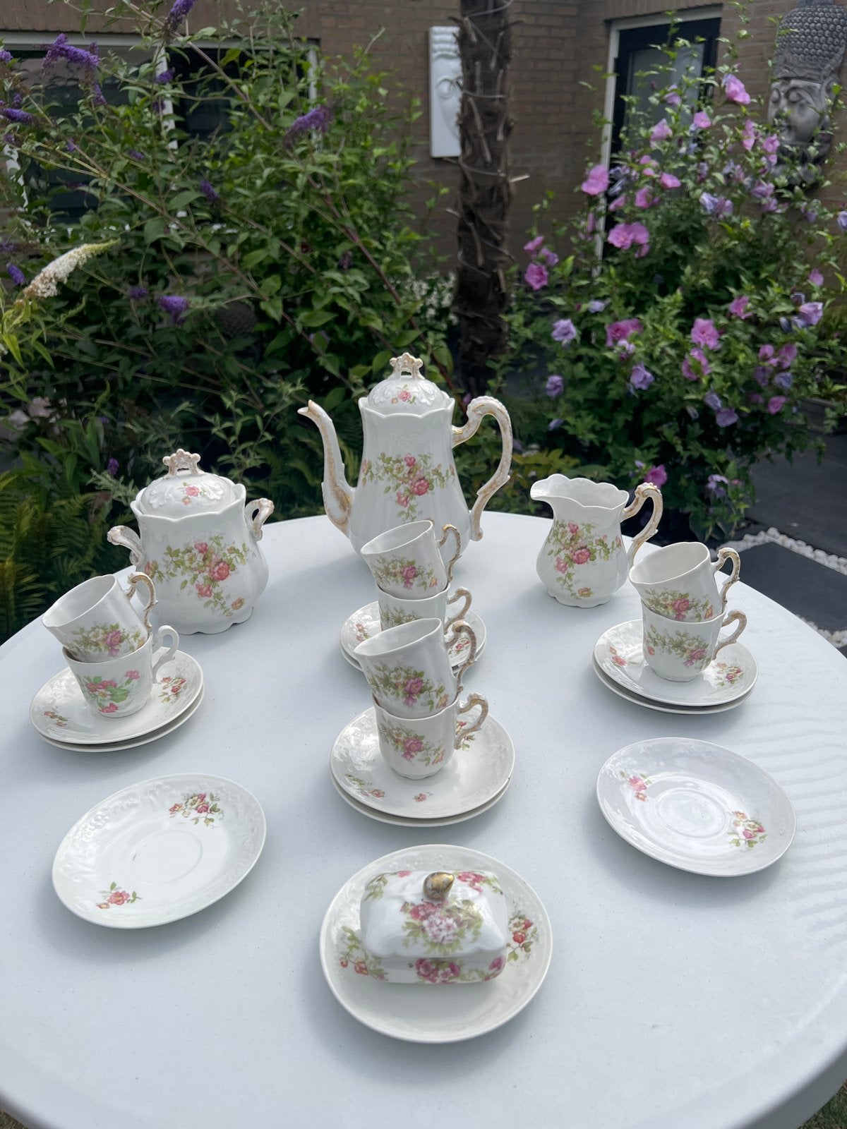 Antiek porseleinen theeservies met rozenmotief, Ophalen of Verzenden