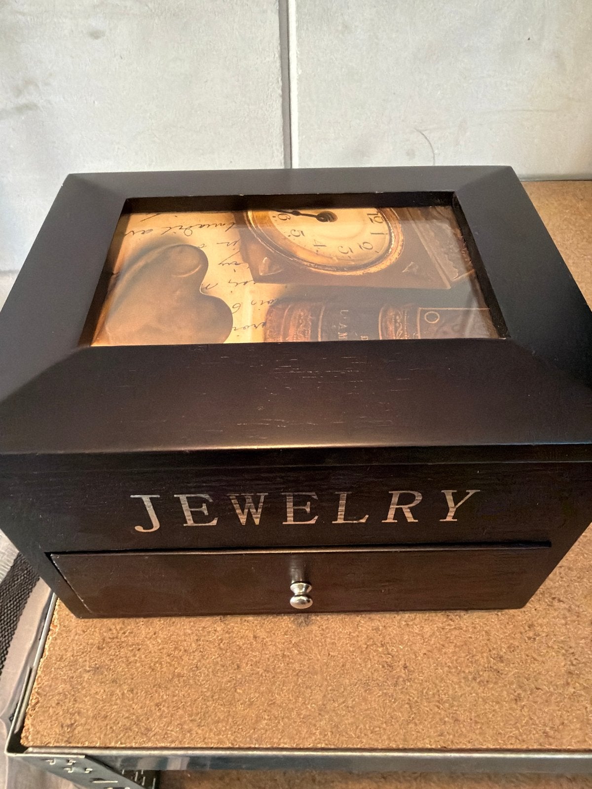 Houten juwelen box 20x15 cm met lade en spiegel, Sieraden, Tassen en Uiterlijk, Ophalen, Gebruikt, Zwart, Met spiegeltje(s)