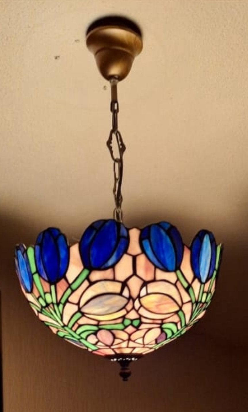 Hanglamp glas in lood style (tiffany?!), Huis en Inrichting, Lampen | Hanglampen, Verzenden, Gebruikt, Glas, Minder dan 50 cm
