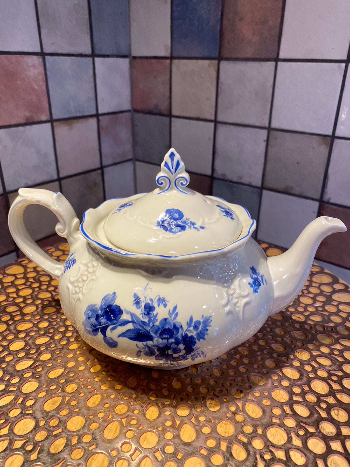Mosa(vijf bruggen)antieke/vintage theepot,blauw-creme/wit, Ophalen of Verzenden