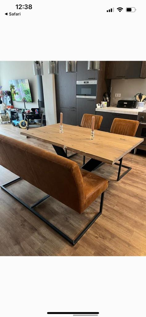 Mooie bruin lederen eetkamerstoelen en eetkamerbank, Ophalen, Zo goed als nieuw, Bruin