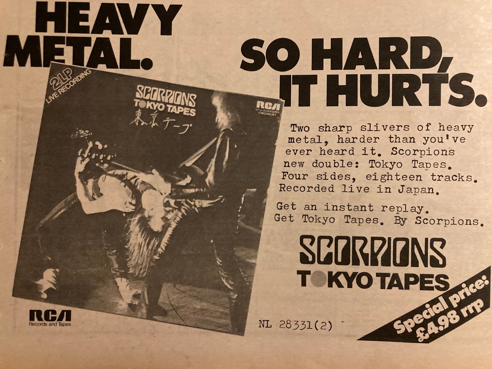 Paginagrote A4 advertentie SCORPIONS Tokyo Tapes release, Ophalen of Verzenden, Gebruikt