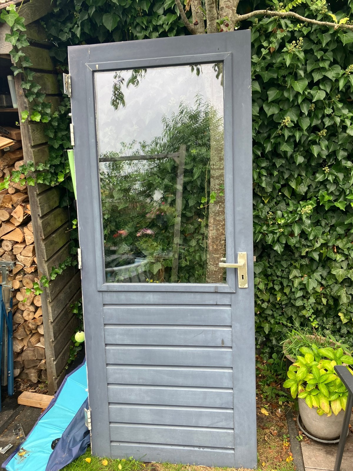 Hardhouten buiten deur met dubbel glas, Ophalen, Gebruikt, 80 tot 100 cm, Buitendeur