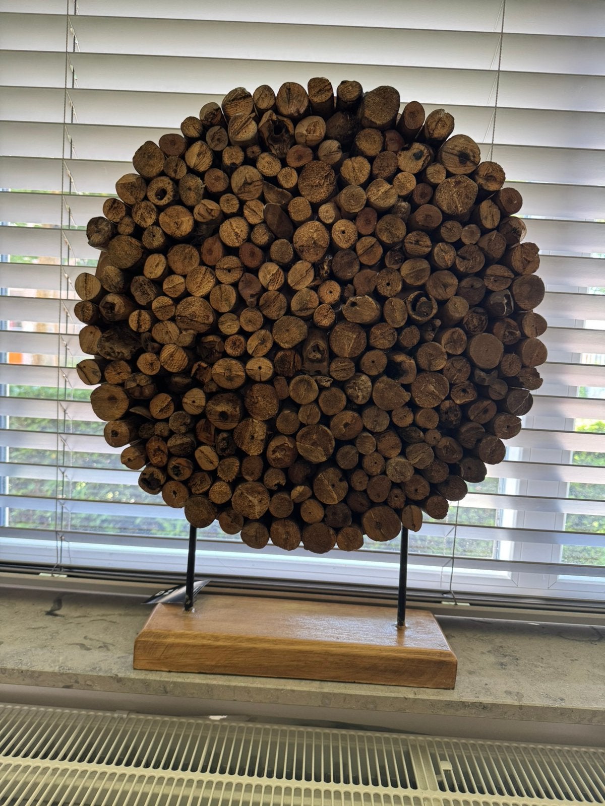 Stoere ronde houten decoratie gemaakt van houten schijven, Ophalen, Zo goed als nieuw