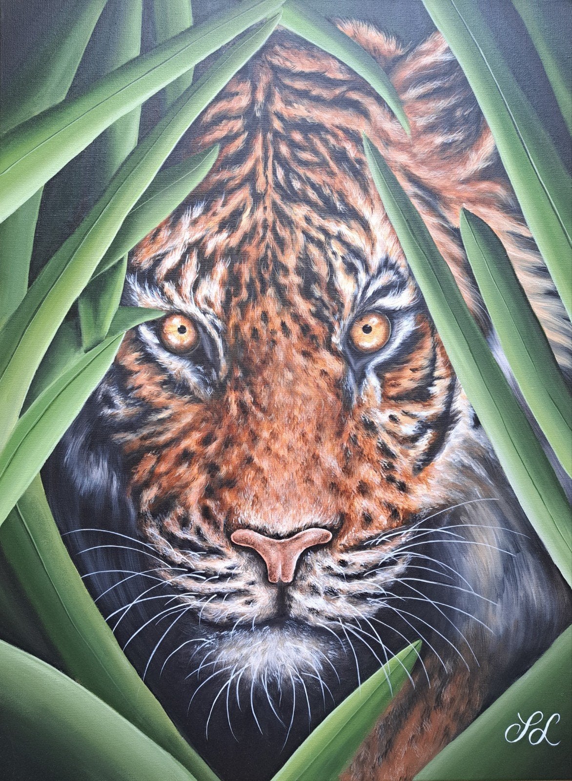Origineel acrylschilderij – Tijger tussen het groen, Huis en Inrichting, Stoffering | Behang, Verzenden, Groen