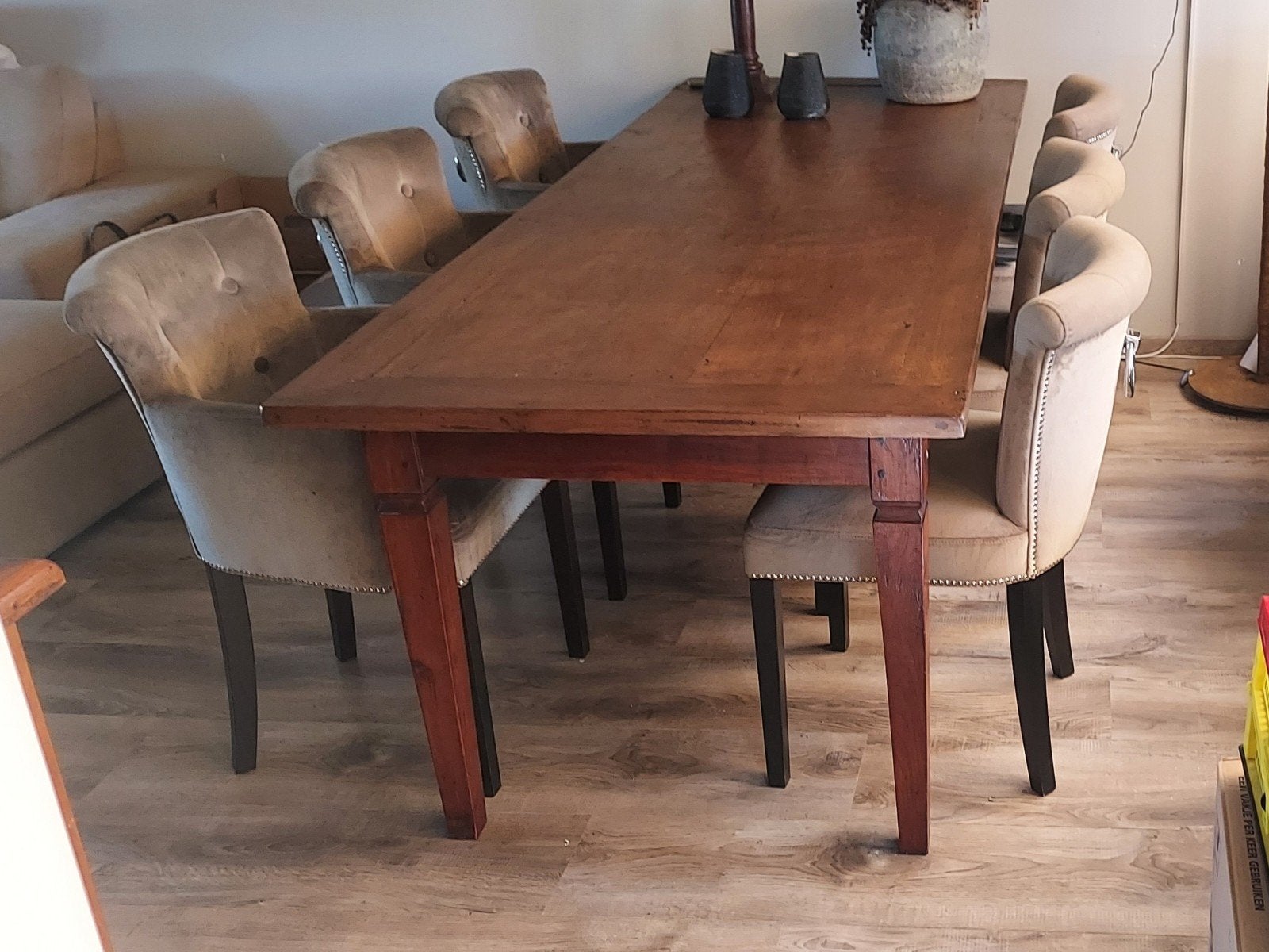 Teakhouten eettafel met lade (240x90x79 cm), Huis en Inrichting, Tafels | Eettafels, Gebruikt, Teakhout, 200 cm of meer, Vijf personen of meer