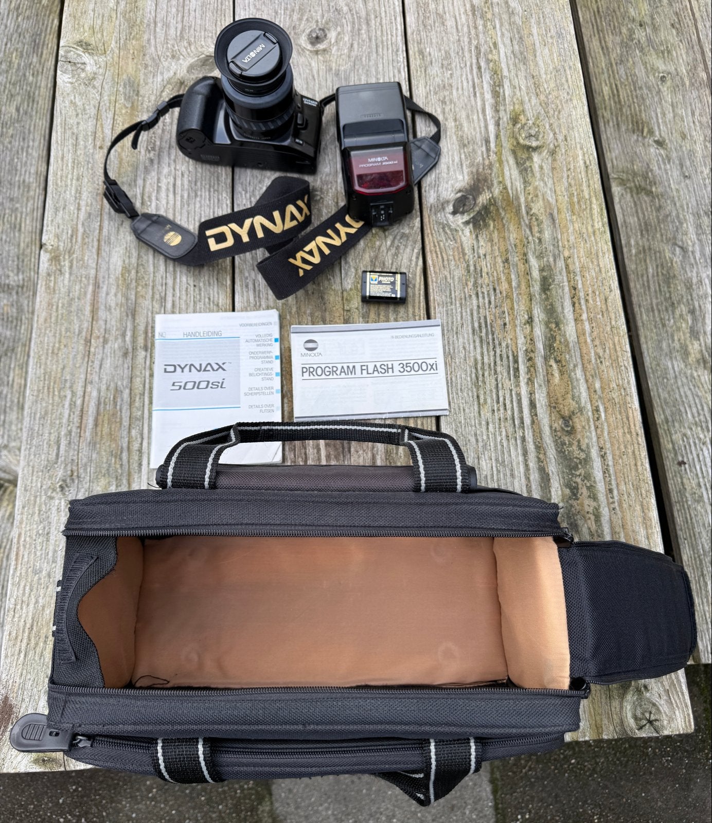 Minolta Dynax 500si Spiegelreflexcamera met flitser en tas, Ophalen of Verzenden, Gebruikt, Spiegelreflex, Minolta