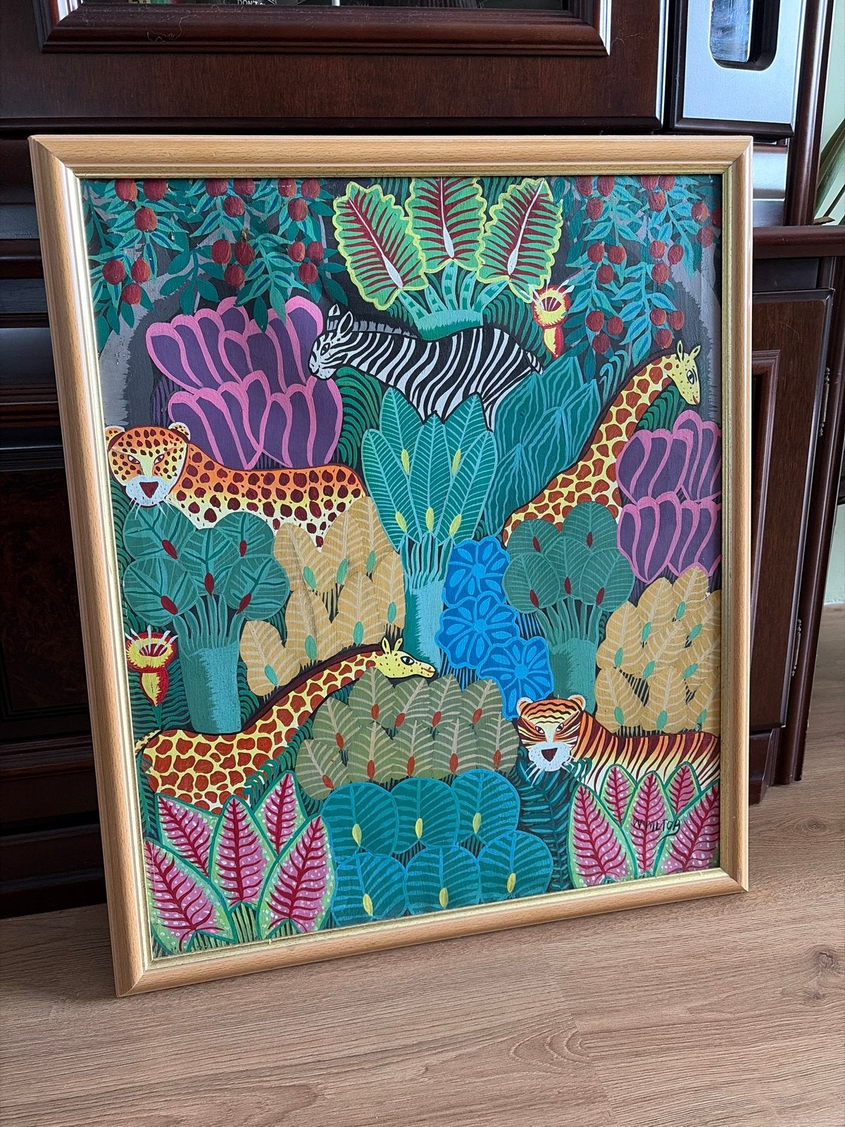 Levendig Jungle Schilderij met Dieren - Handgeschilderd, Ophalen, Overige stijlen, Doek, Dieren