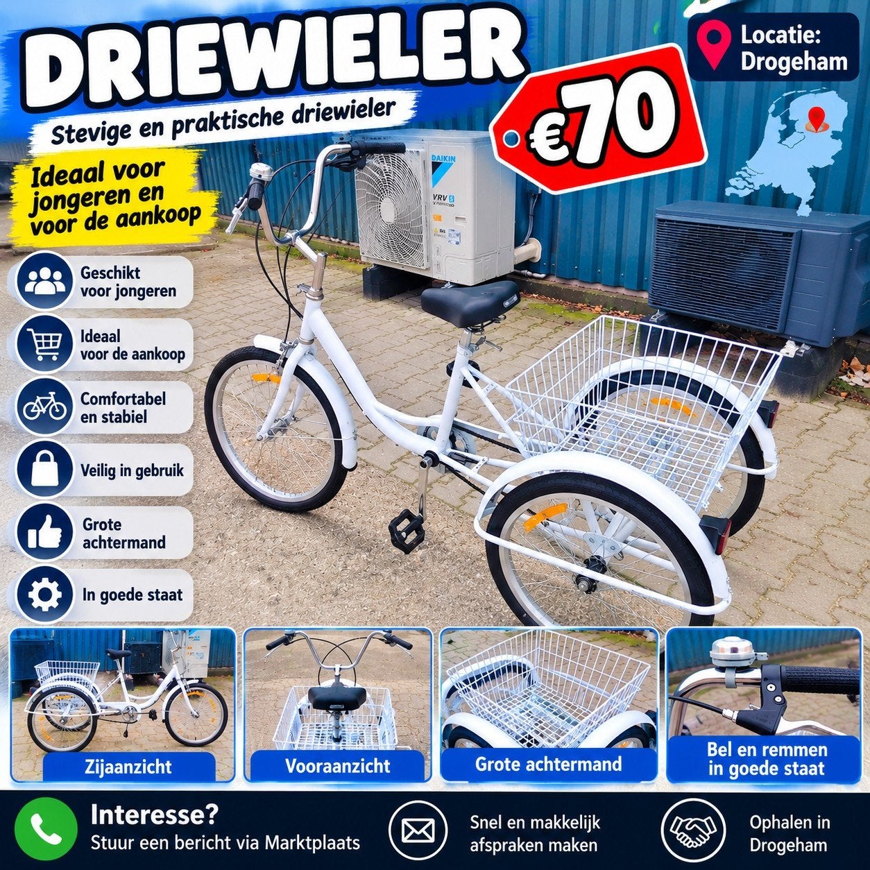 Driewieler te koop – €70 – Drogeham, Fietsen en Brommers, Ophalen of Verzenden, Gebruikt