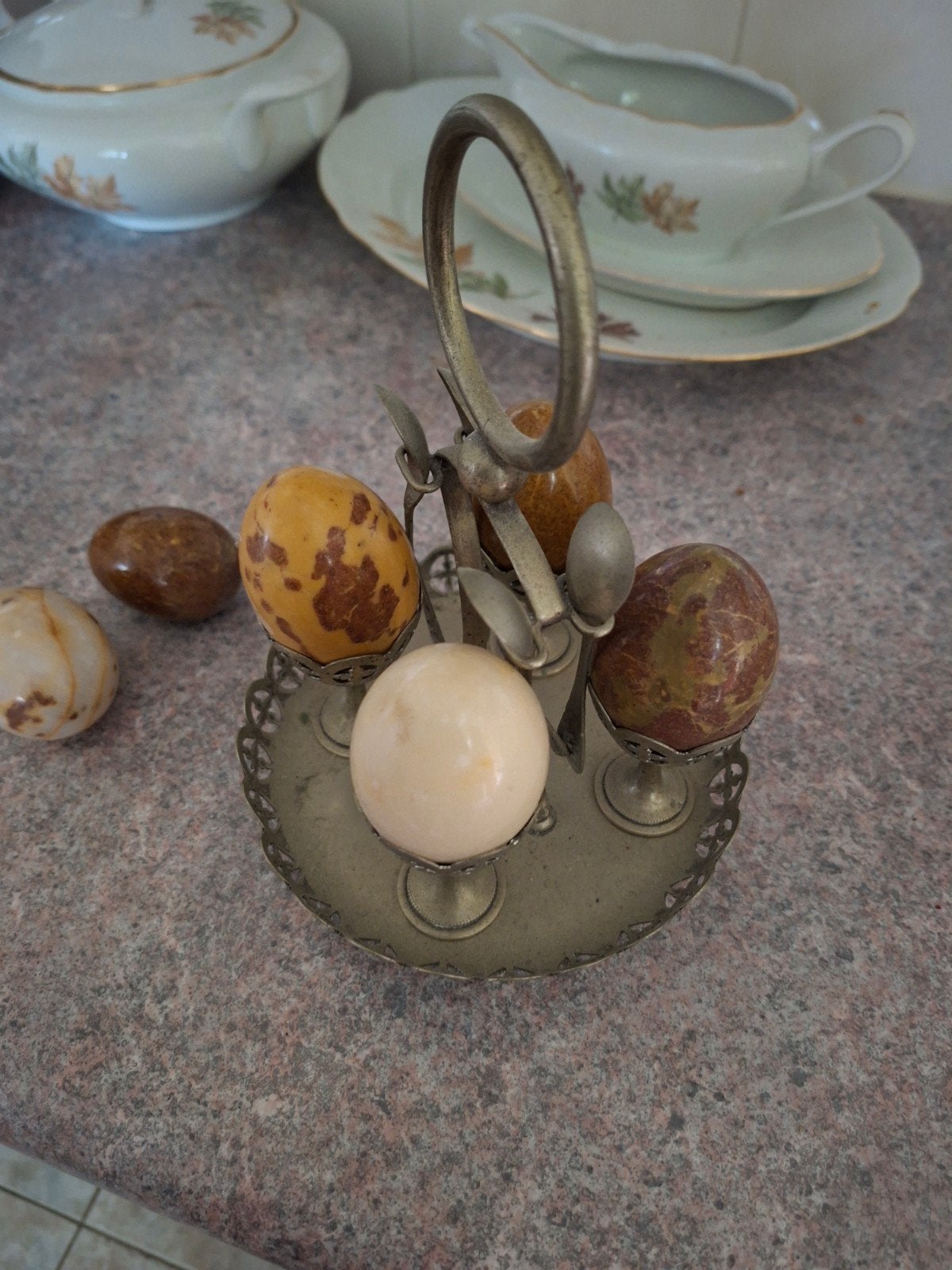 Vintage Eierdopjeshouder met Marmeren Eieren, Ophalen of Verzenden