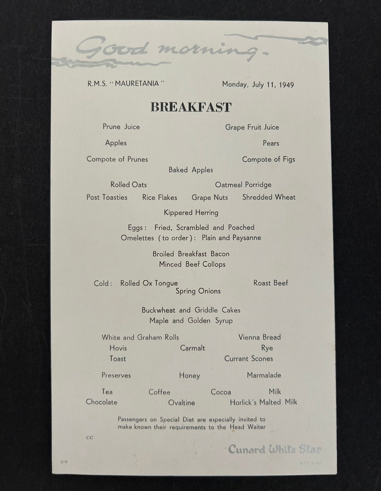 Menukaart R.M.S. Mauritania, 1949, Ophalen of Verzenden, Zo goed als nieuw