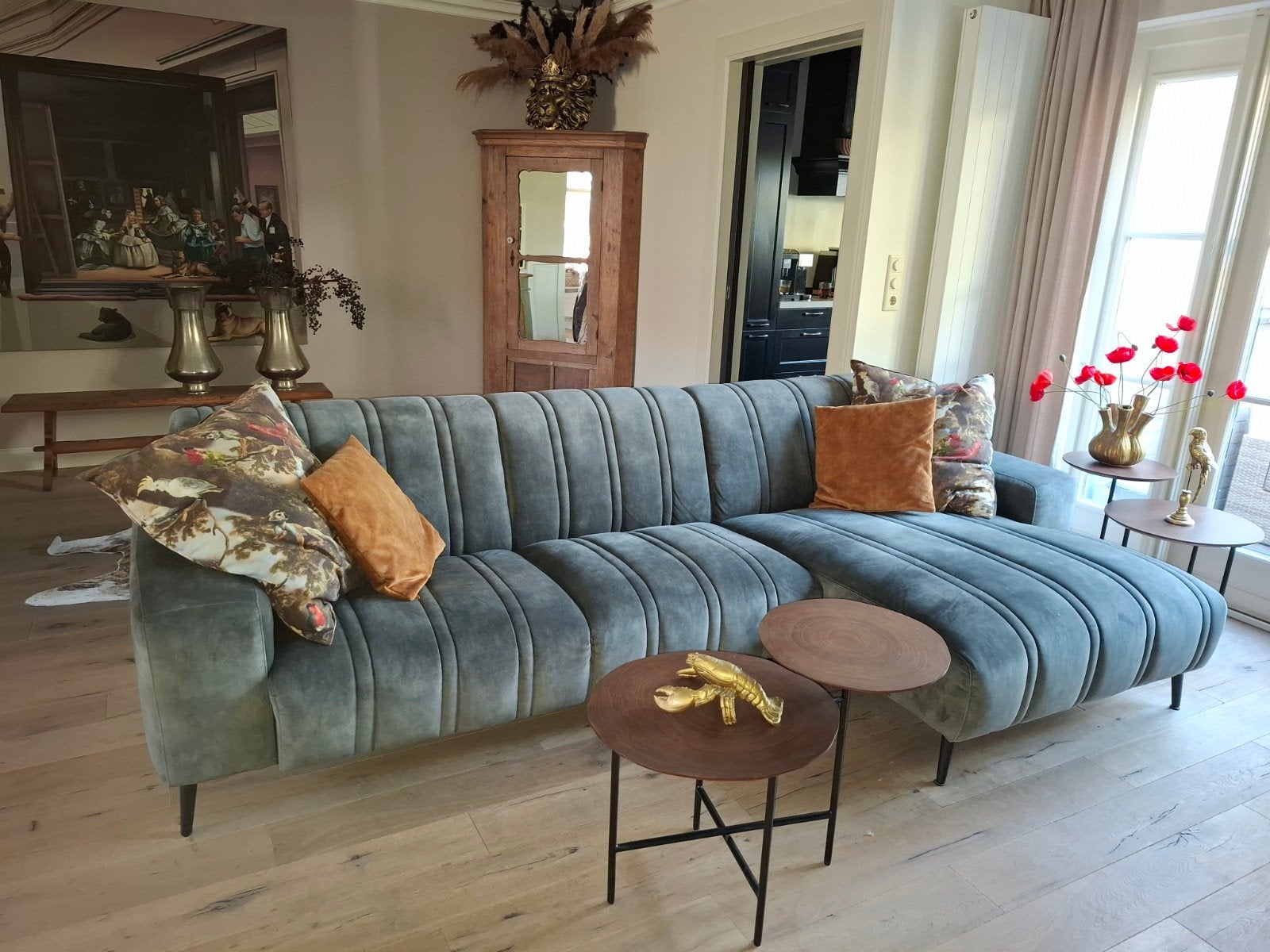 Super mooie velvet groene bank met chaise longue, Ophalen, Zo goed als nieuw, Stof