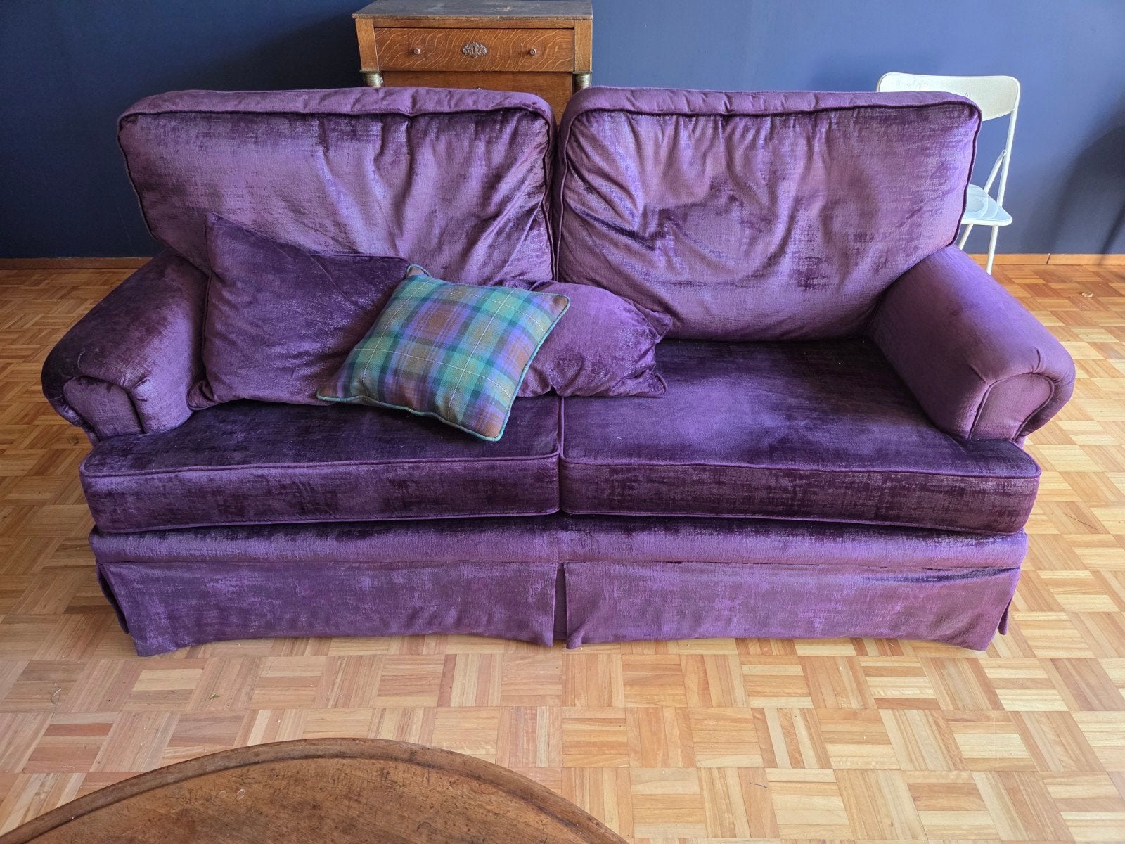 Paarse driezitsbank en tweezitsbank met fauteuil en stoel, Ophalen, Gebruikt, 150 tot 200 cm, Driepersoons