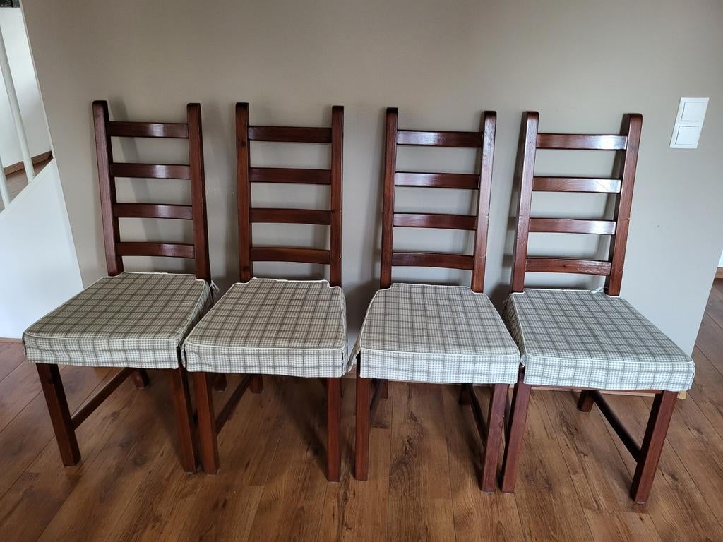 4 houten stoelen met geruite kussens, Ophalen, Gebruikt, Bruin, Vier