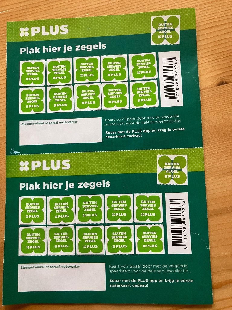 2 volle spaarkaarten buiten servies Plusmarkt, Verzamelen, Supermarktacties, Plus, Ophalen of Verzenden