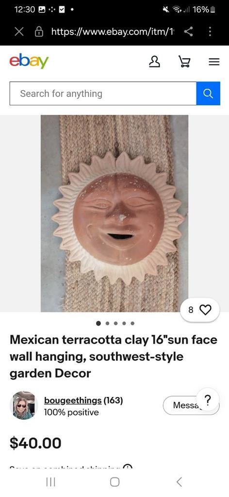 Mexicaanse terracotta zon gezicht wanddecoratie, Gebruikt, Overige stijlen, Ophalen of Verzenden, Bruin