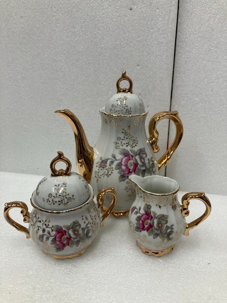 Vintage theeservies: theepot, suikerpot, melkkannetje, Ophalen of Verzenden