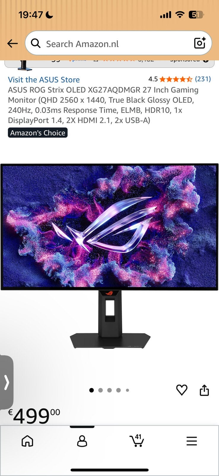 ASUS ROG Strix OLED XG27AQDMGR 27 Inch Gaming Monitor, Gaming, Draaibaar, Nieuw, Quad HD (2K)