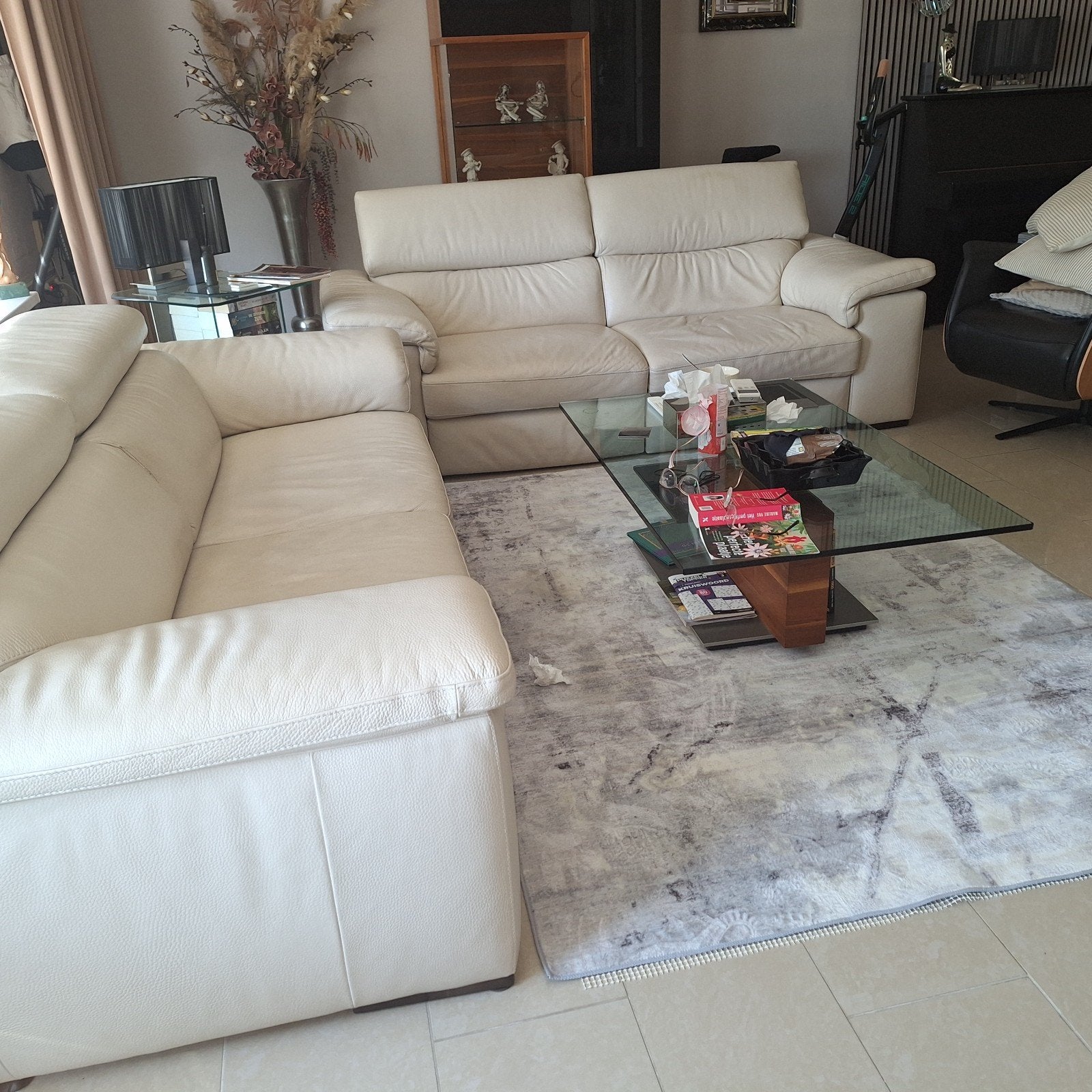 Twee Natuzzi Edition banken, crème, 2 elektrische delen, Gebruikt, Driepersoons, Leer, Ophalen of Verzenden