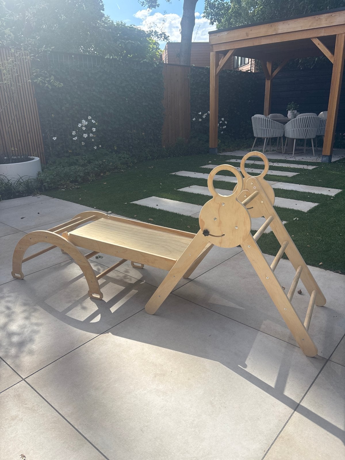 Houten klimrek met glijbaan en klimboog - 3 delen, Kinderen en Baby's, Ophalen of Verzenden, Zo goed als nieuw, Glijbaan