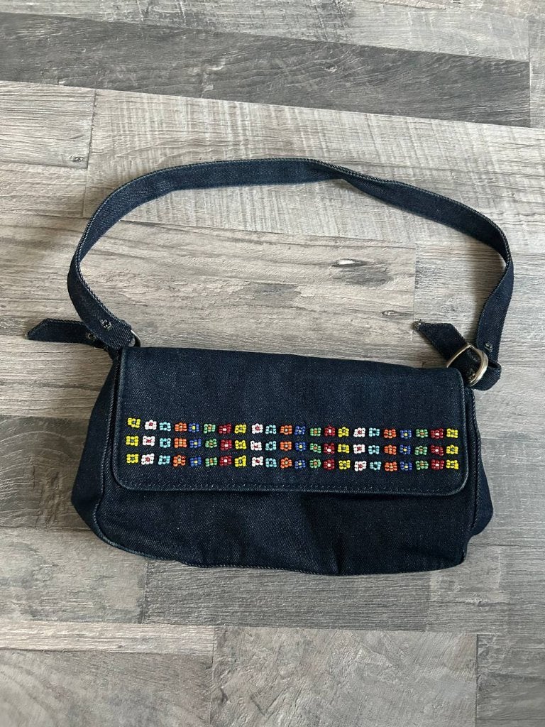 Schoudertasje denim met gekleurde bloemendecoratie, Ophalen, Gebruikt, Blauw, Schoudertasje