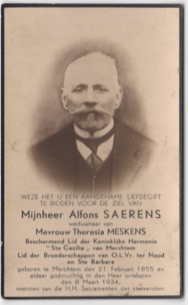Alfons Saerens 1855 Merchtem + 1934 Merchtem, 79 jaar oud, Verzamelen, Ophalen of Verzenden