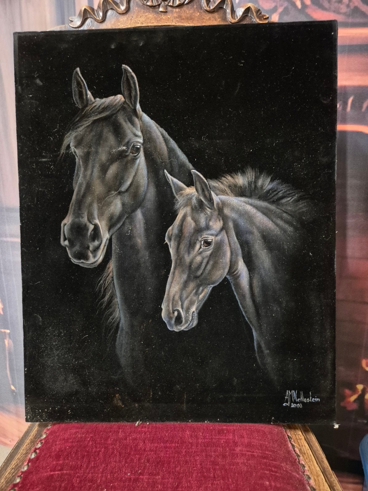 Prachtig schilderij van twee paarden, gesigneerd, Antiek en Kunst, Kunst | Schilderijen | Klassiek, Ophalen of Verzenden
