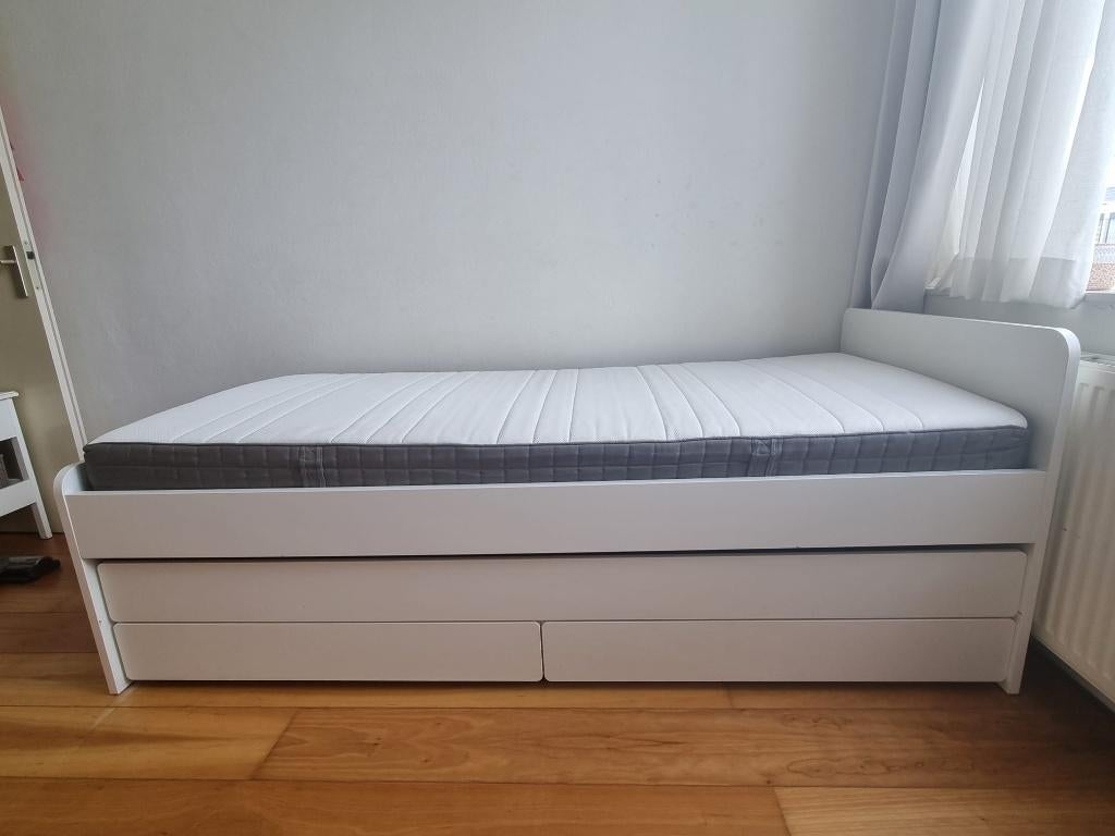 IKEA SLÄKT bed + uitschuifbed + lades | wit 90x200, Ophalen, 90 cm, Eenpersoons, Wit