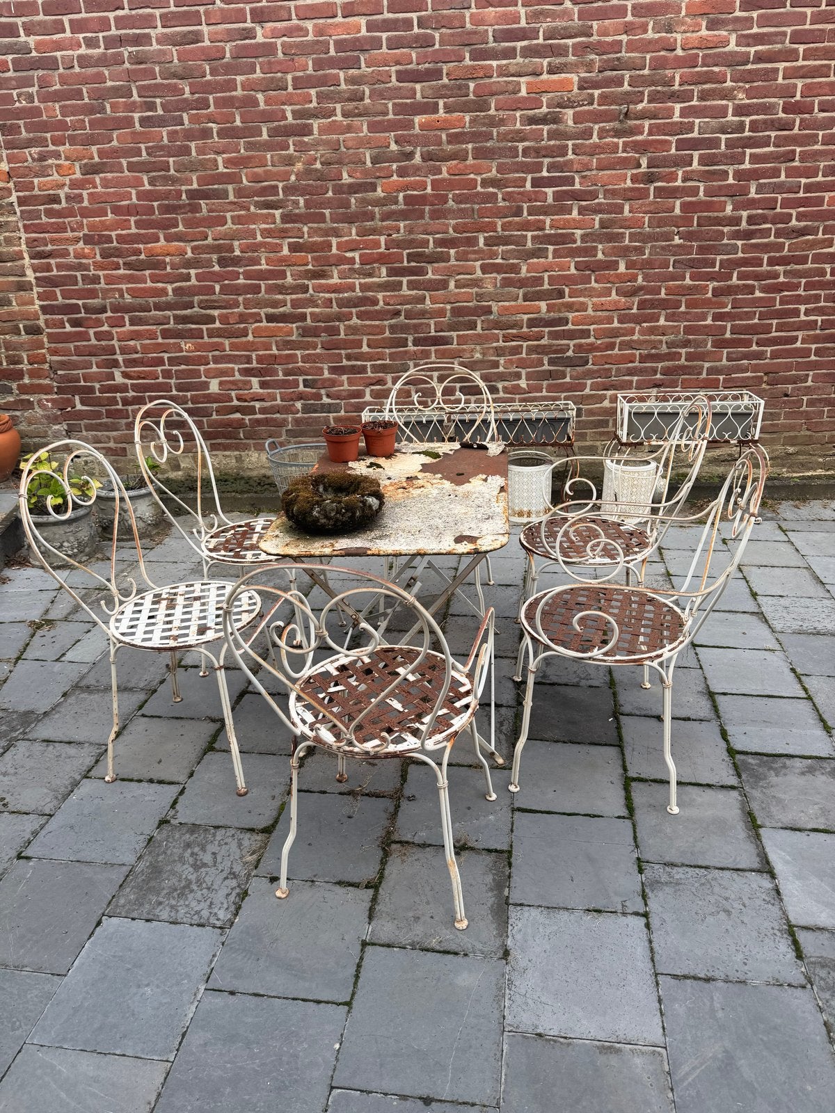 Antieke gietijzeren tuinset - 6 stoelen en tafel, Ophalen, Overige materialen, Gebruikt, Eettafel