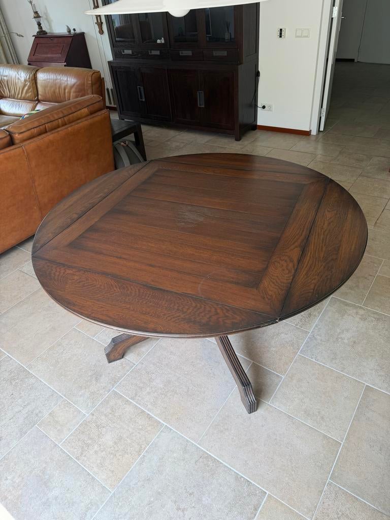 Uitschuifbare ronde eettafel van donker hout, Ophalen, Gebruikt, 100 tot 150 cm, Rond