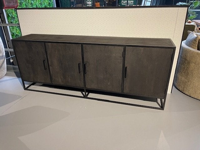 Dressoir 220cm massief mango zwart metaal 4 deuren actie, Overige houtsoorten, 1 of 2 laden, Nieuw, Ophalen of Verzenden