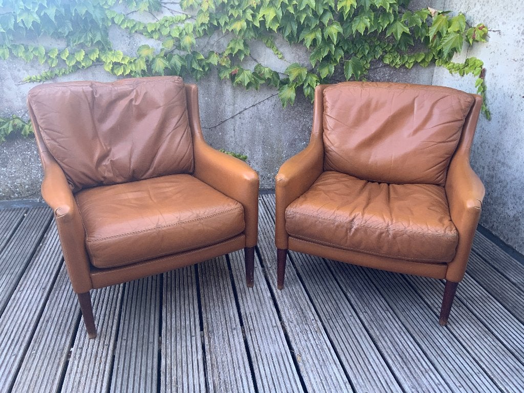 Twee vintage lederen fauteuils van Durlet, jaren ‘60, Huis en Inrichting, Fauteuils, Ophalen, Gebruikt, Vintage, 50 tot 75 cm